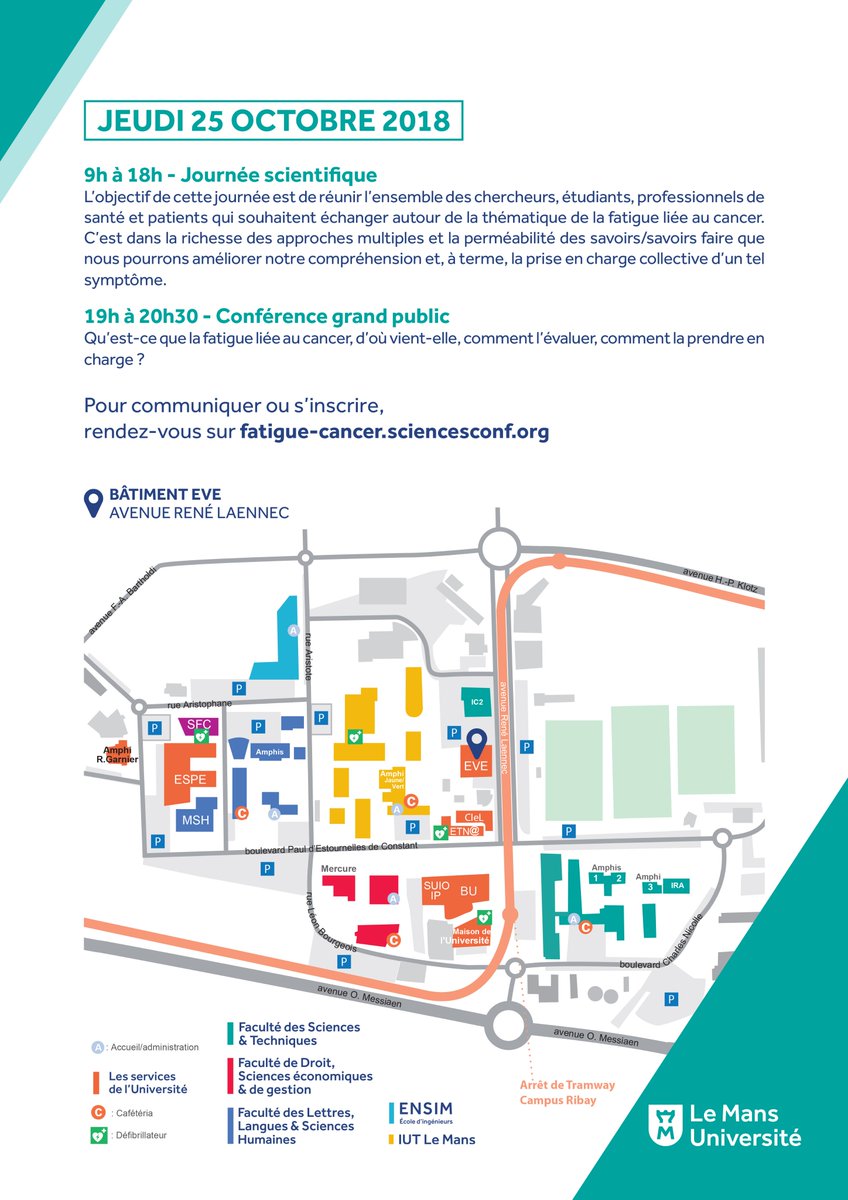 B_MorelP's tweet photo. [Annonce] @LaboMIP  organise une journée scientifique le 25 oct. 2018 @LeMansUniv intitulée #fatigue liée au #cancer - regards croisés. Pour communiquer ou s'inscrire RDV sur https://t.co/JgwdDkn2F1 | Conférence grand public gratuite à 19H | Partenariat avec @CreditMutuel @MAIF https://t.co/KwO2jxCcDy
