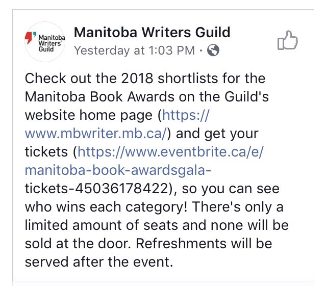 Our book has 2 nominations!! MB book awards handed out on June 15th- fingers crossed!:)