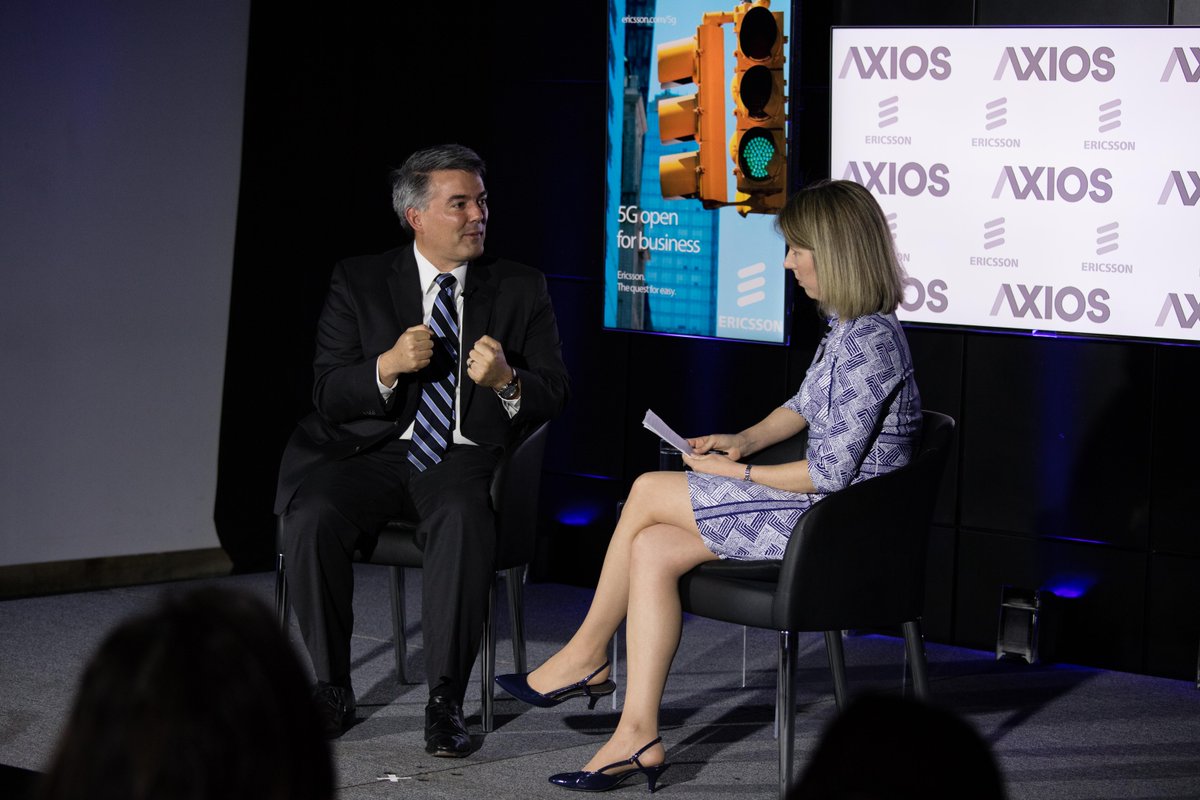 axios's tweet photo. Sen. Cory Gardner: In rural areas where many students don't have good broadband at home, Wi-Fi on buses helps to fill the homework gap. #Axios360 https://t.co/vfFEe78Mqx