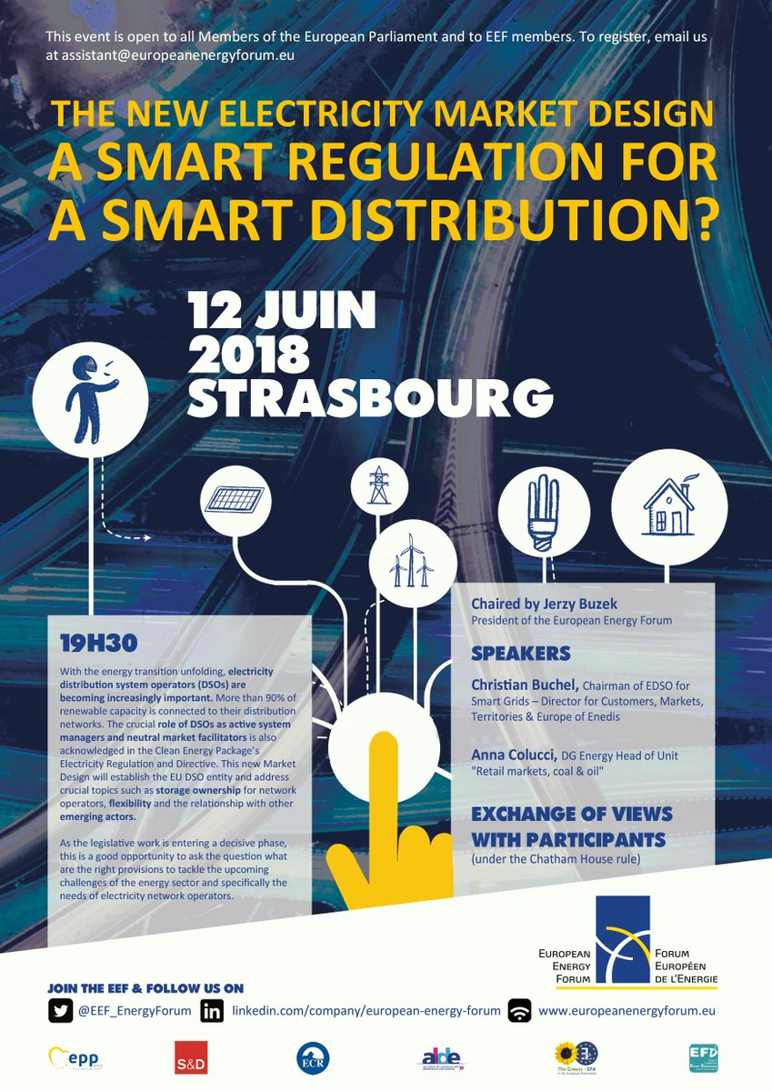 Proud to host @EEF_EnergyForum dinner debate on 12 June in Strasbourg with @ChristianBuchel  & Anna Colucci @Energy4Europe on new #MarketDesign and impact on #DSOs and #SmartGrids @krisjaniskarins @MartinaWernerEU @ClaudeTurmes @kajakallas @ZdzKrasnodebski @b_kappel