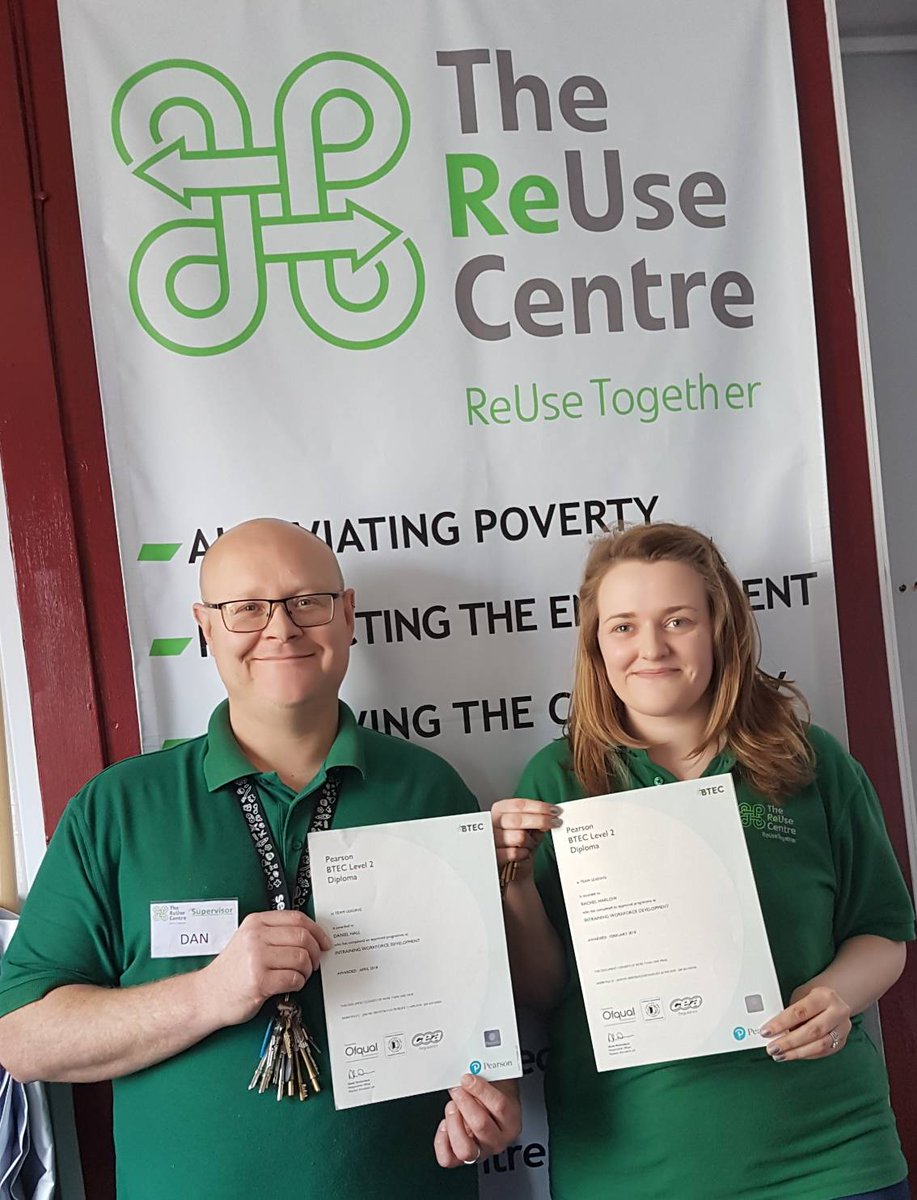 ReUseCentre's tweet photo. We are very proud of our two Sales Supervisors, Rachel & Dan. They both recently received a Level 2 BTEC Diploma in Team Leading. Each of them put in a lot of time and effort outside their regular working hours to make this happen. We'll done you two. #ImprovingTheCommunity https://t.co/zN5XJz5gvJ