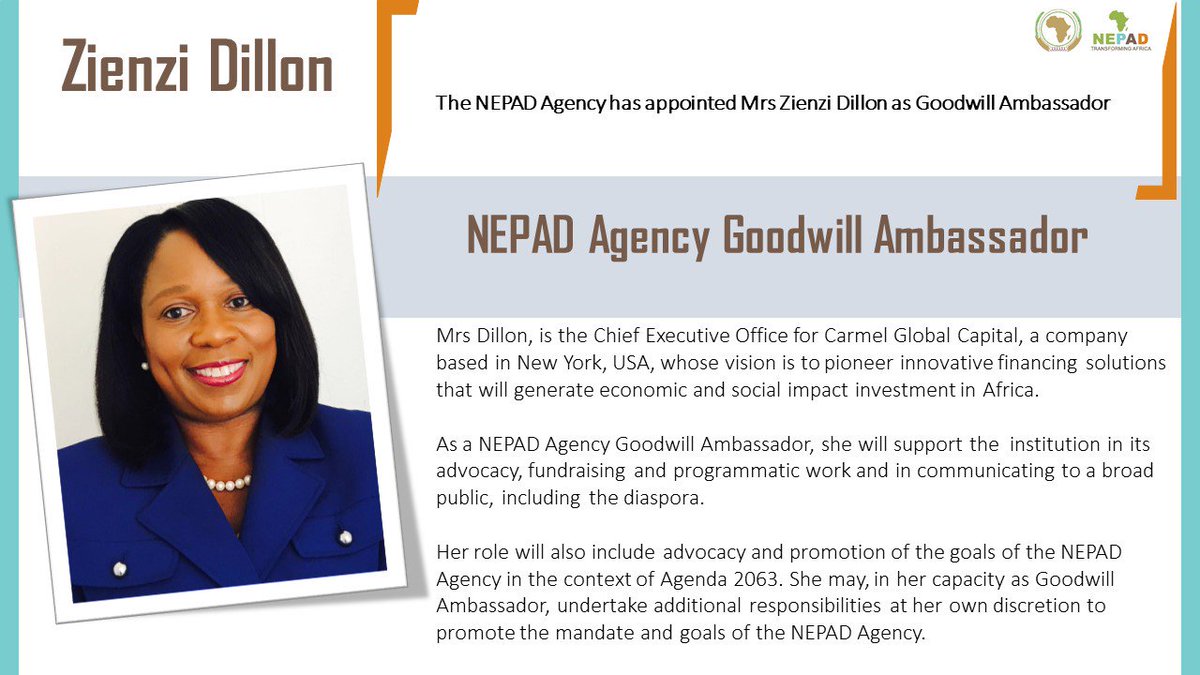 NEPAD_Agency's tweet photo. NEPAD Agency appoints Mrs Zienzi Dillon as Goodwill Ambassador ➡️https://t.co/1tn4XzCfNt https://t.co/YKiQ6UMLuK