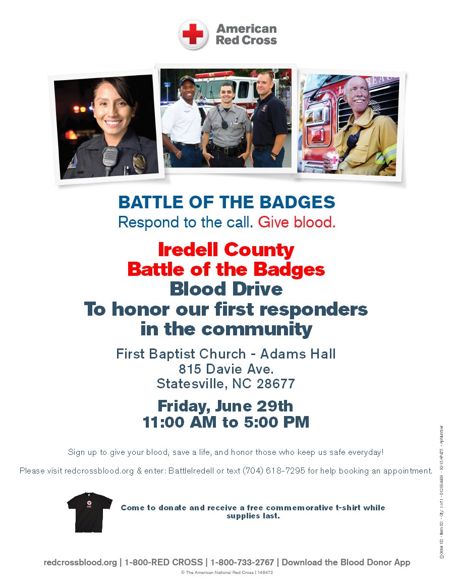 IredellEM's tweet photo. Come out and support our Battle of the Badges blood drive on June 29 from 11: 00 a.m. to 5:00 p.m. at First Baptist Church in Statesville. https://t.co/DMGJWJGFv7