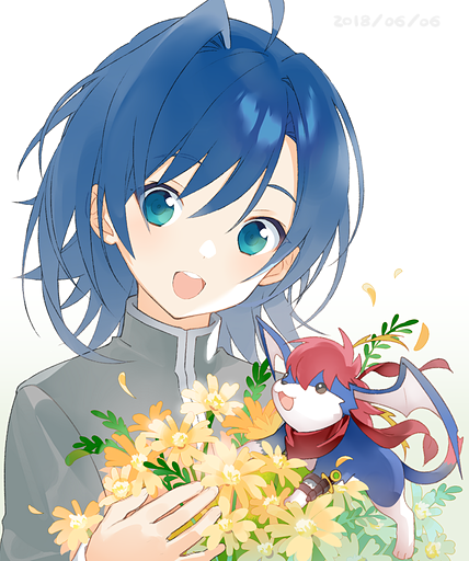 blue hair 1boy flower male focus dragon school uniform smile  illustration images