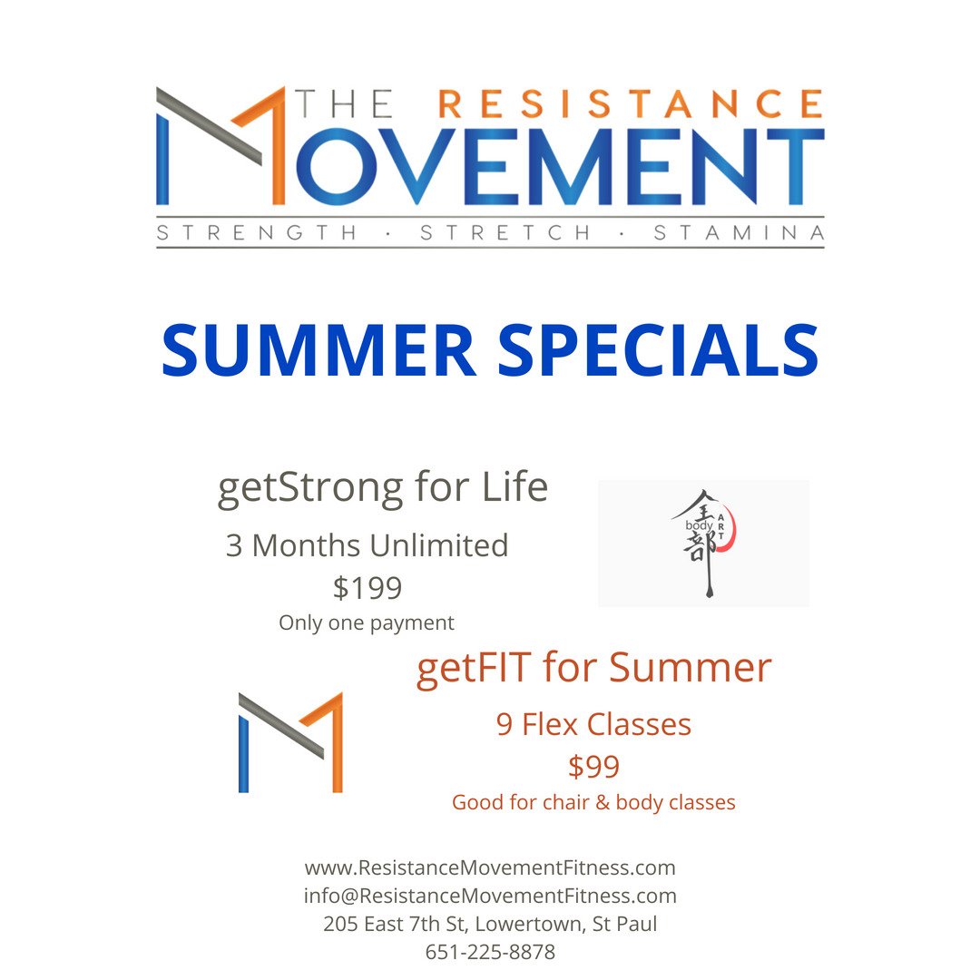 ResistMoveFit's tweet image. Great summer specials! GetSTRONG for life with these amazing deals. Buy online or in studio. Good for new and existing clients.