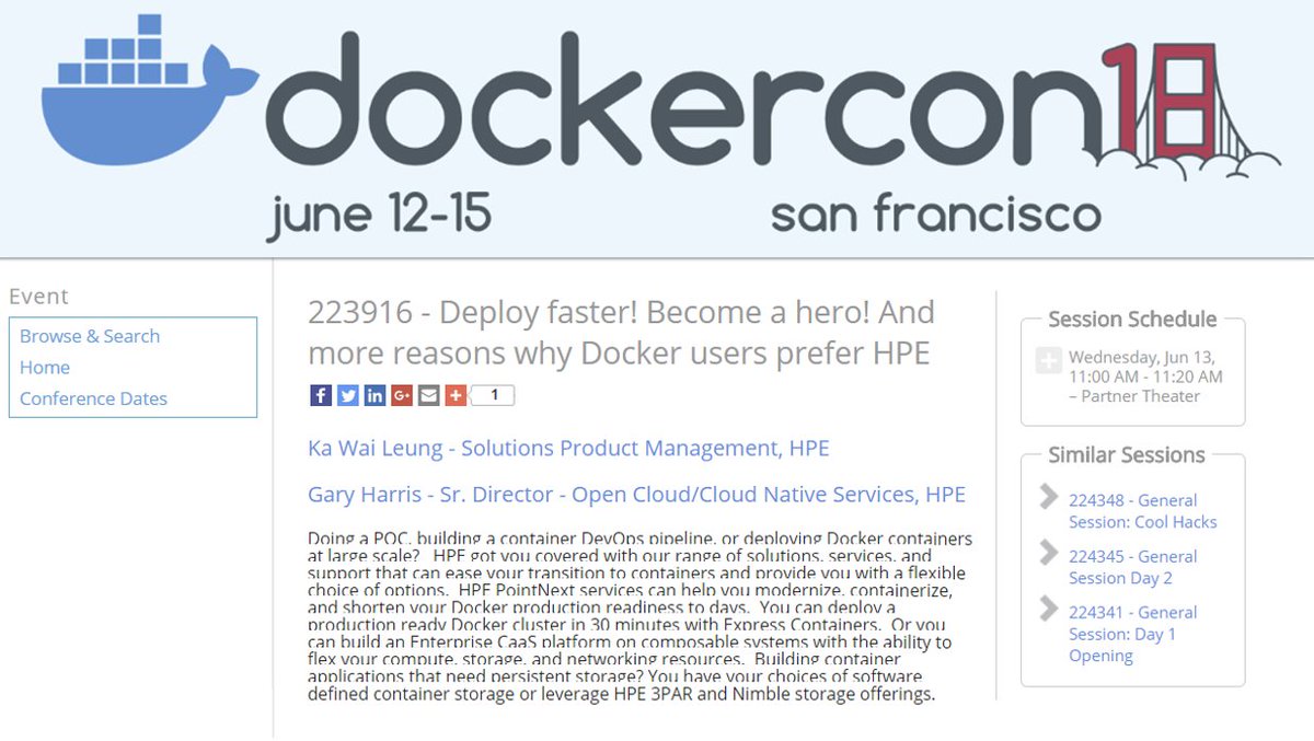 SBUCloud's tweet photo. Register for the Ka Wai Leung & Garry Harris #Dockercon #HPE session at https://t.co/3TsBMmn7G6 and visit HPE booth S9 for latest #HPE - #Docker Solutions & Services #CloudNative #Containers #HPEMTA #CaaS #HPESynergy #HPESimplivity #PersistentStorage https://t.co/3XilAkcxN9