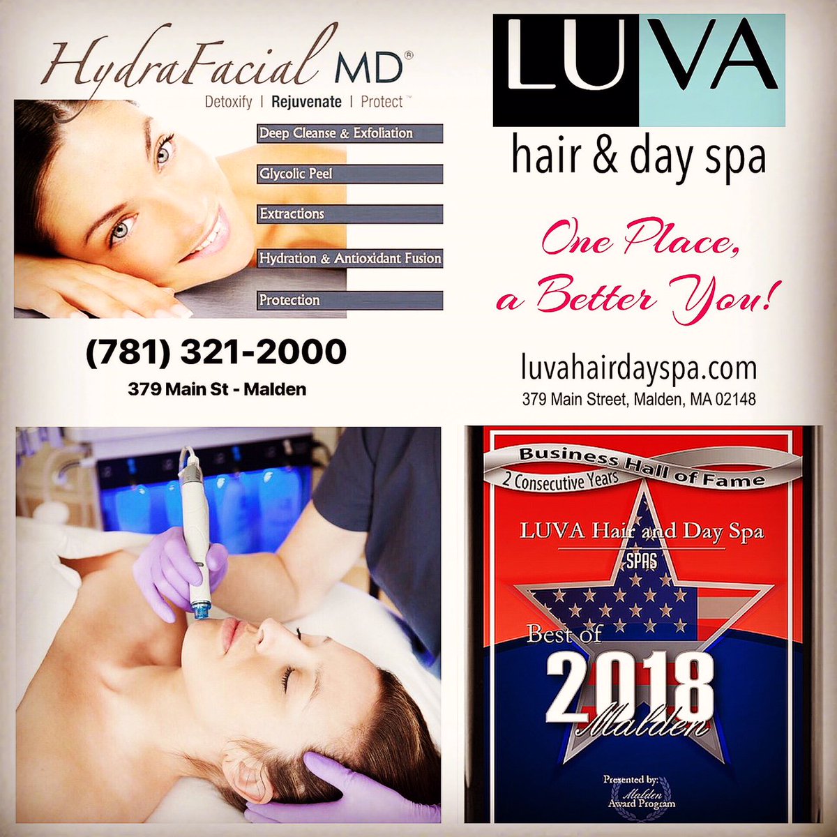 LuvaHairDaySpa's tweet photo. Introducing #Hydrafacial Treatments @LuvaHairDaySpa For skin that is: dehydrated, fatigued, stressed, suffering with acne and redness 
#Hair #Nails #massage #skincare #OnePlaceBetterYOU 
https://t.co/SqxpxkyYYA
Call 781.321.2000, 
#healthy #cool #good #beauty  #wellness #quality https://t.co/OR3LcvBgdg