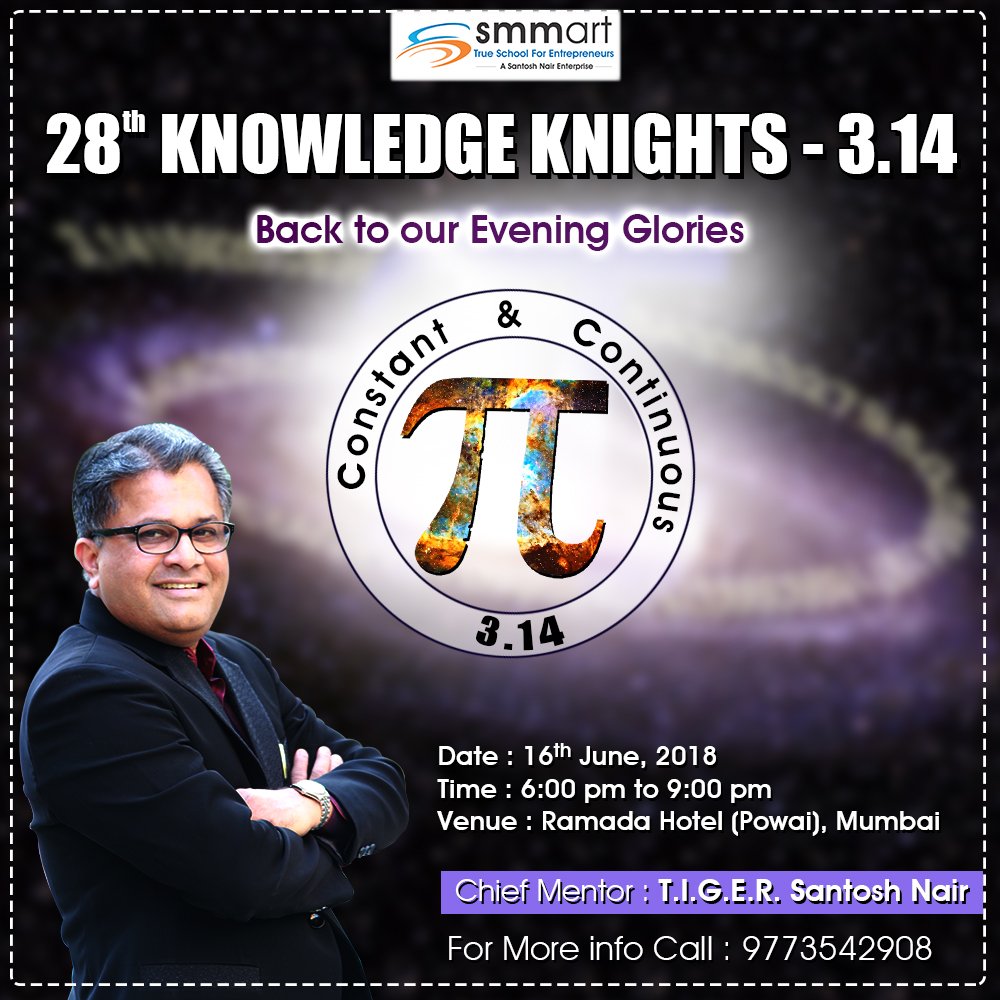 smmartParivaar's tweet image. On Public demand, our very own Knowledge Knights is once again back to its EVENING GLORIES !!!!! Exciting isn’t it !! Get ready for lots of excitement and fun on 16th Jun.
Looking forward to a fun-filled EVENING with you!!!!
#SantoshNair #KnowledgeKnights #Mumbai