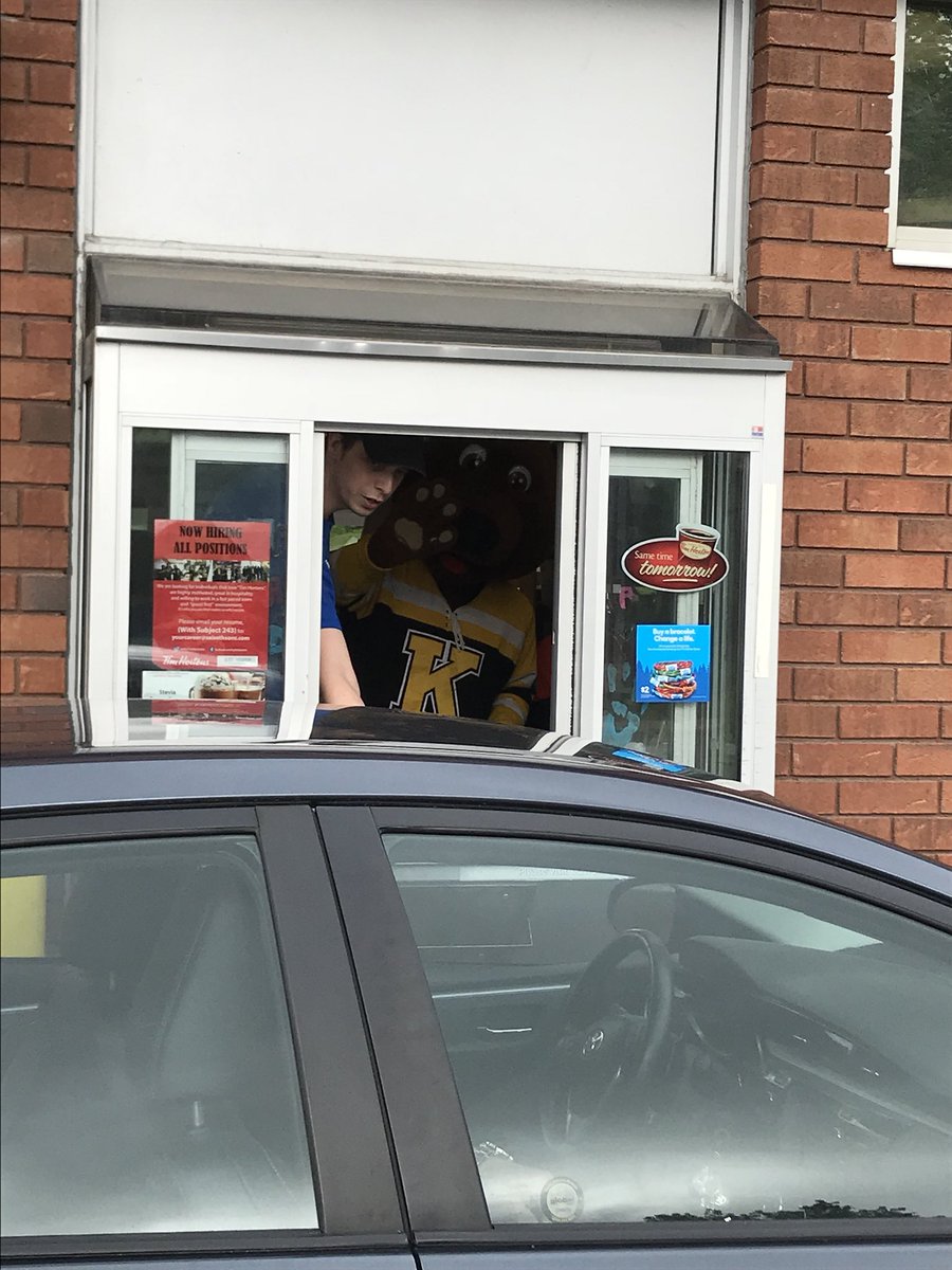 KingstonFronts's tweet photo. Barrack is at Sydenham Rd and Princess @TimHortons helping out in the drive through. Today is #campday. All proceeds from coffee sales are donated to @THCF1974 to help send a kid to camp! https://t.co/YtTrBr12eC
