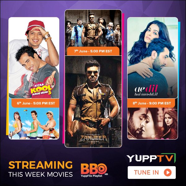 yupptv's tweet photo. #BollywoodHousefull Watch popular #Bollywood movies : @TusshKapoor & @AftabShivdasani 's #Comedy riot #KyaKoolHainHum3, #RamCharan's #Zanjeer and #RanbirKapoor & @AnushkaSharma 's #AeDilHainMushkil streaming this week on #BBO at https://t.co/sU0xDjKv3A https://t.co/2KV4roezNn