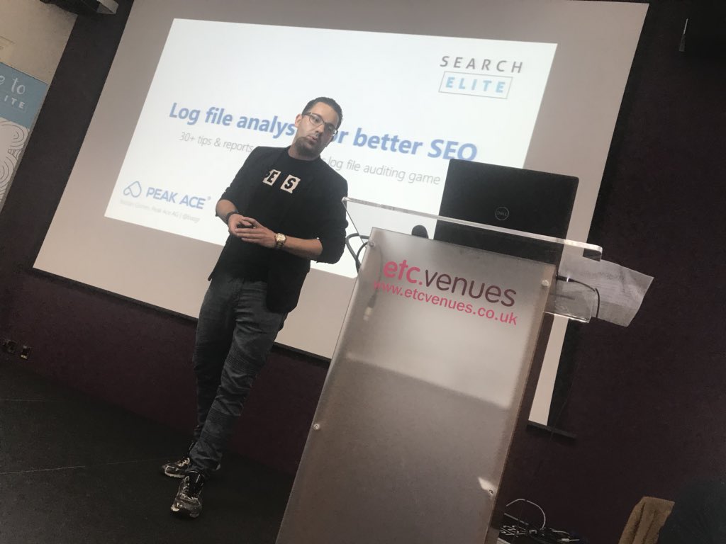 NicholaStott's tweet photo. At #SearchElite18 #searchelite with @basgr about to drop some knowledge on log file analysis. https://t.co/c7JU0pQ0eW