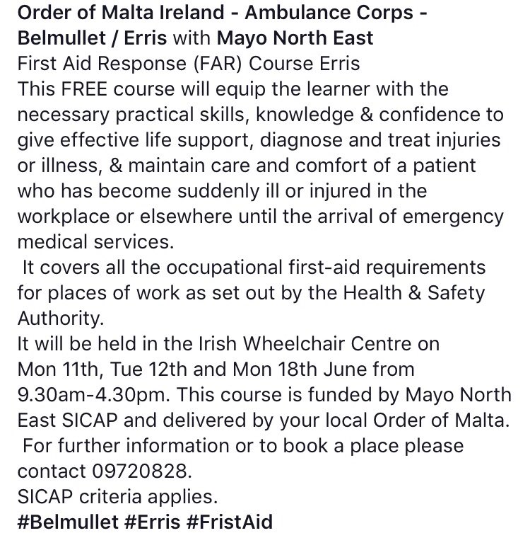 *** FREE 3 Day FIRST AID RESPONSE course  *** In #Belmullet SICAP criteria applies - Contact <a href="/MayoNorthEast/">@MayoNorthEast</a> on 097 20828 to book your place - pls RT 🚑🚑😁😁