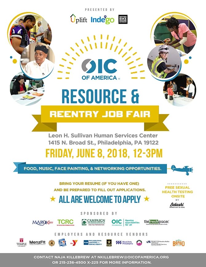 Stop by the <a href="/PhiladelphiaOIC/">Philadelphia OIC</a> Resource and Reentry Job Fair presented by <a href="/UpliftSolutions/">Uplift Solutions</a>, <a href="/RideIndego/">Indego</a> and <a href="/betterbikeshare/">Better Bike Share</a> on Friday, June 8th at 1415 N Broad St. No registration required, happening from 12 - 3 p.m. More information on attached flyer!