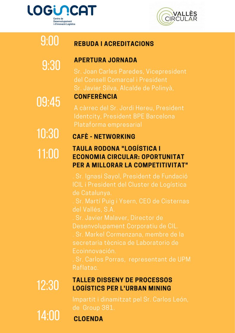 Logincat's tweet photo. 13 juny 9 h @CanGavarra @AjPolinya Jornada #economiacircular i #logistica Conferència Jordi Hereu. Participa @FundacionICIL @VallesCircular @UPMRaflatacAM Cisvasa @LAB_Ecoinnova @LogisticCluster @Group_381 @cil_logistica Inscripció https://t.co/aDZcgp06Vc … #logisticacircular https://t.co/xlFegqCIsE
