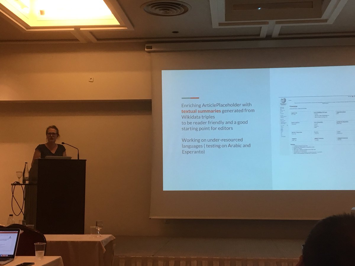 SamiKanza's tweet image. Great talk from @frimelle at @eswc_conf on Neural generation of multilingual Wikipedia summaries from WikiData for article placeholders #eswc2018 #multilingual #wikipedia #wikidata #textgeneration #languagegap #teamsoton