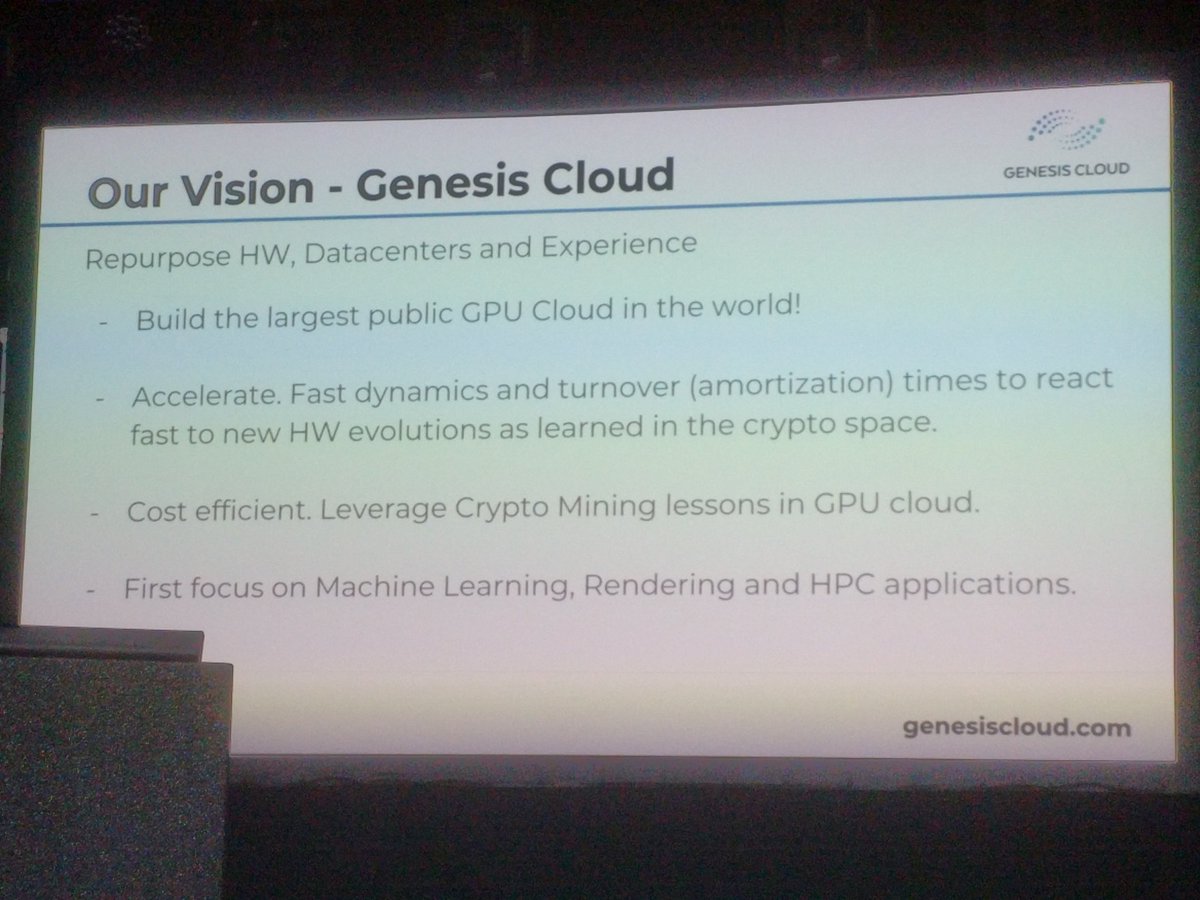 tcarrez's tweet image. Genesis Cloud wants to use #OpenStack to build the largest GPU cloud in the world, leveraging their Genesis Mining experience (running a million GPUs in 15 data centers around the world) #OpenStackDayCEE