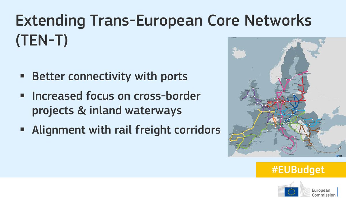 Transport_EU's tweet photo. The #ConnectingEurope programme will help achieve the completion of the TEN-T network by 2030 to strengthen the free movement of goods and people &amp; 🚄connectivity to the benefit of all citizens https://t.co/LNfbJBtAi9 #EUBudget https://t.co/kOO1UH72Pq