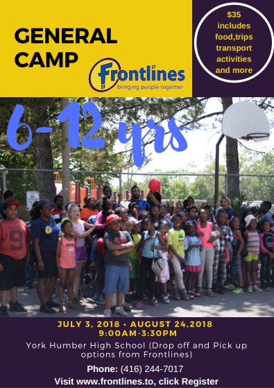 im_cti's tweet photo. #Frontlines is offering an array of camps for children between the ages of 6-12. In General camp 2018, children get to explore different themes each week such as sports, science, environments, arts and much more. Camp starts at 9 am with registration and ends at 3:30 pm.
#IM #Tor https://t.co/qzBLBZQIdN