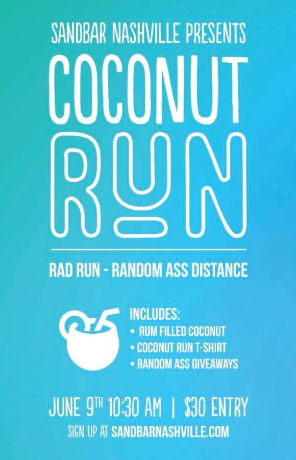 oneC1TY's tweet photo. Sign up today for SandBar Nashville's "Coconut Run" - Follow the link for registration details: https://t.co/zc6ET01siG #oneC1TY https://t.co/w4LJED5f3f