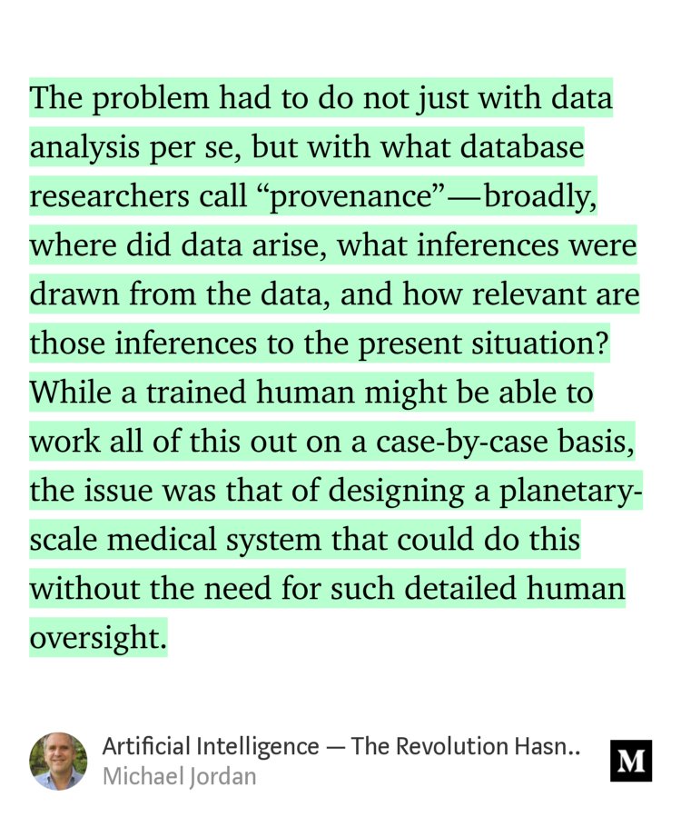 pluralAI's tweet photo. Data is the fuel of AI - but where does it actually come from? A great essay by Prof Michael Jordan why provenance really matters when building #AI systems. https://t.co/maXE4CUg7n