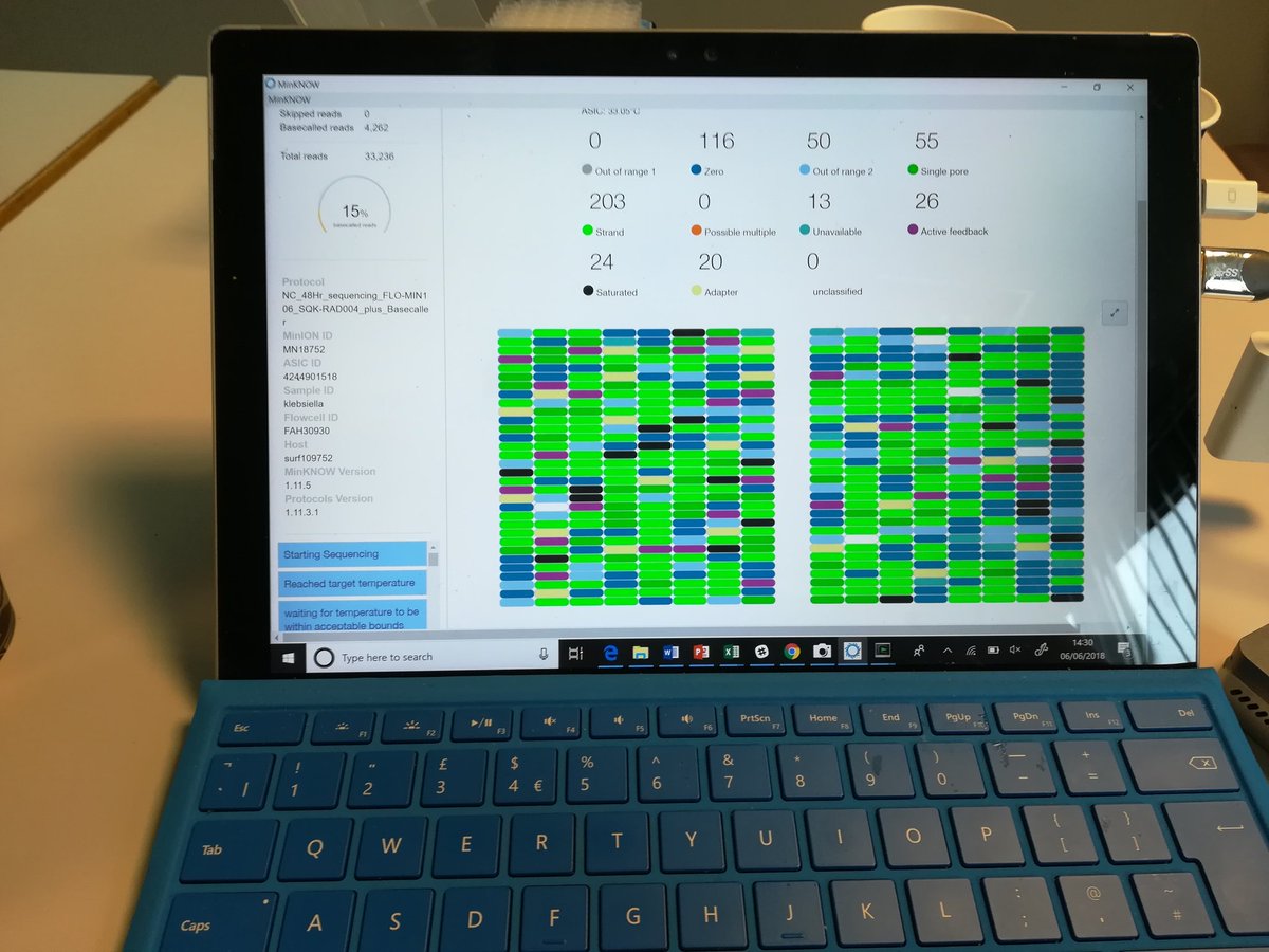 kim_judge_'s tweet photo. My poor little surface not even slightly keeping up with basecalling a storming run with @WGCengage #sequencinginasuitcase I need a MinIT! @nanopore help! https://t.co/09l4pc4BMc