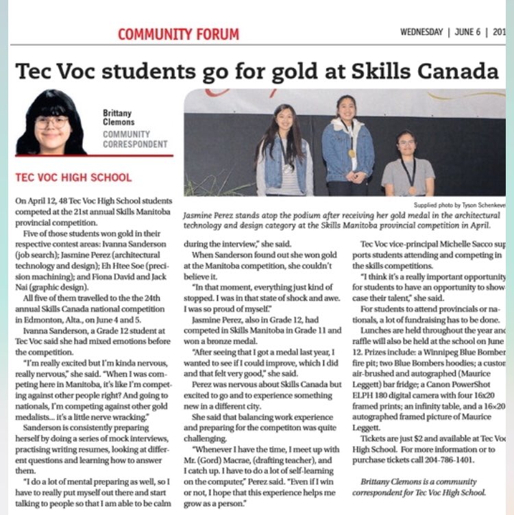 MichelleSSacco's tweet photo. Great article written by #TecVoc student about #TeamTecToba competing at #SCNC2018 #SkillsManitoba https://t.co/UPAoFbsyAI