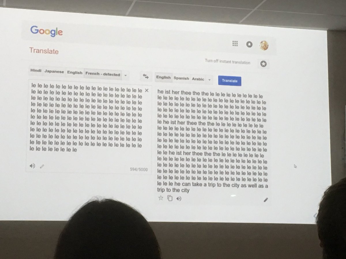 juegger's tweet photo. @jrking0 shows how faulty language models, such as google translate, still are. Try it out at home with different amounts of “le” translated from French to English, for example.
#interdiscLangsci https://t.co/0YiC6mnMMC