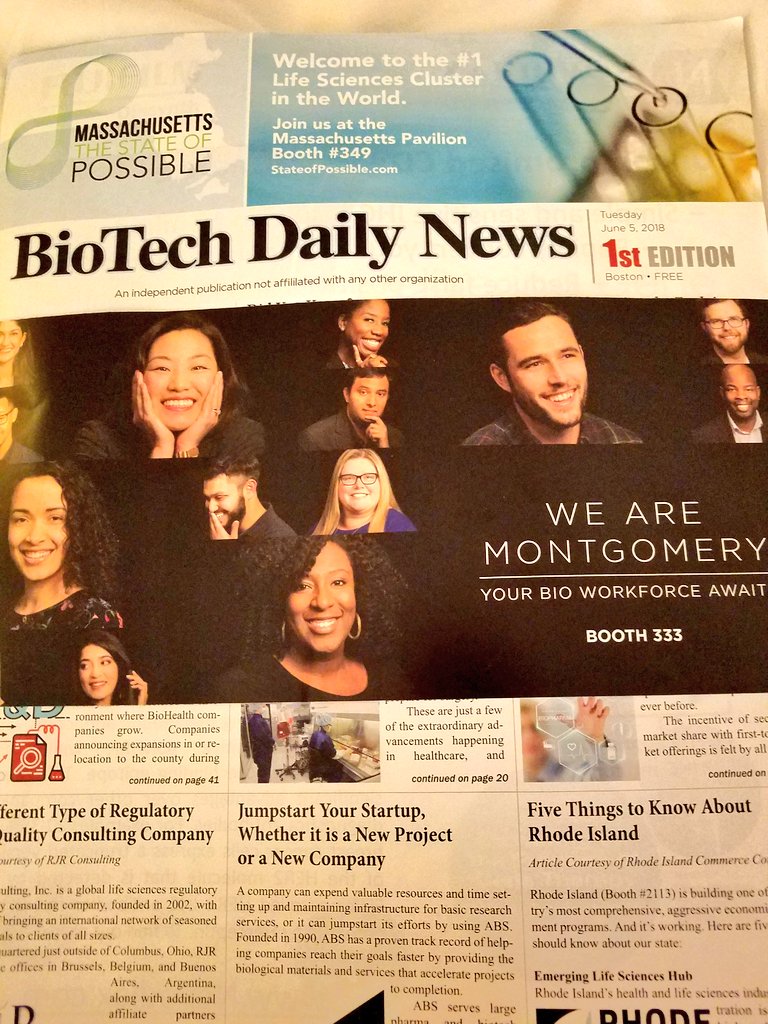 judycostello's tweet photo. Yesterday's #Biotech Daily at #BIO2018 featured @MontgomeryCoMD co's: #altimmune @americangene @immunomix @Intrexon @MacroGenics @BeneVirBiopharm @MedImmune @emergentbiosolu #Neximmune @supernus #viela @GSKUS #arcellx Learn more at Booth 333. @think_moco @BioHealthInnov https://t.co/IbnHiOaEiQ