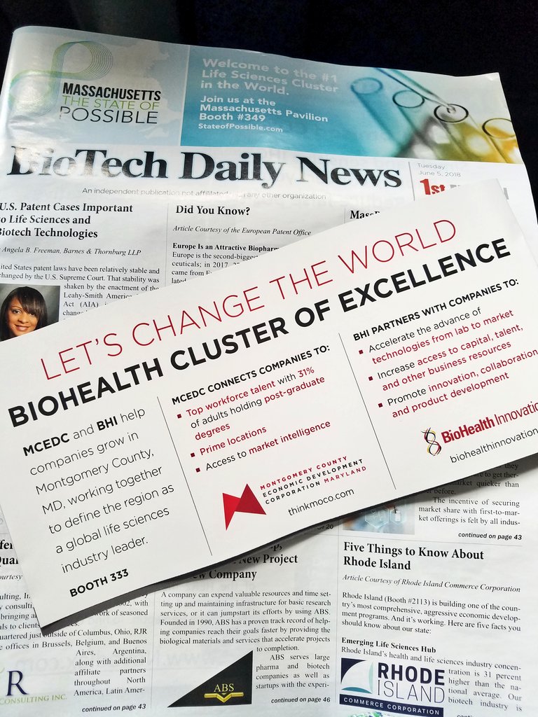 judycostello's tweet photo. Yesterday's #Biotech Daily at #BIO2018 featured @MontgomeryCoMD co's: #altimmune @americangene @immunomix @Intrexon @MacroGenics @BeneVirBiopharm @MedImmune @emergentbiosolu #Neximmune @supernus #viela @GSKUS #arcellx Learn more at Booth 333. @think_moco @BioHealthInnov https://t.co/IbnHiOaEiQ