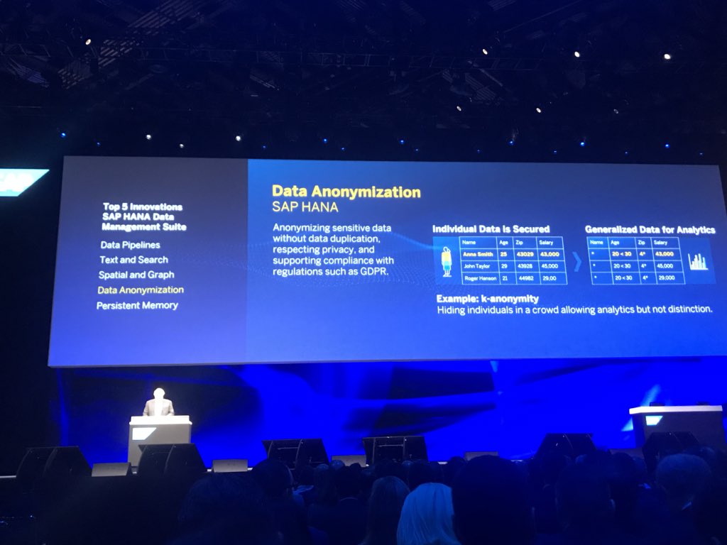 skessler85's tweet image. Hasso Plattner explaining how HANA can anonymize data in real time - awesome! #SAPPHIRE2018
