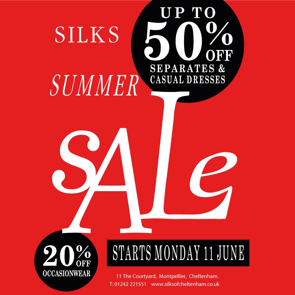 SilksOfChelt's tweet photo. Monday 11th June marks the start of the Silks Summer Sale - from wedding and event wear to sumptuous separates, set your reminders! 🗓️ #SummerSale #Montpellier #Cheltenham https://t.co/D4VpVz4yPH