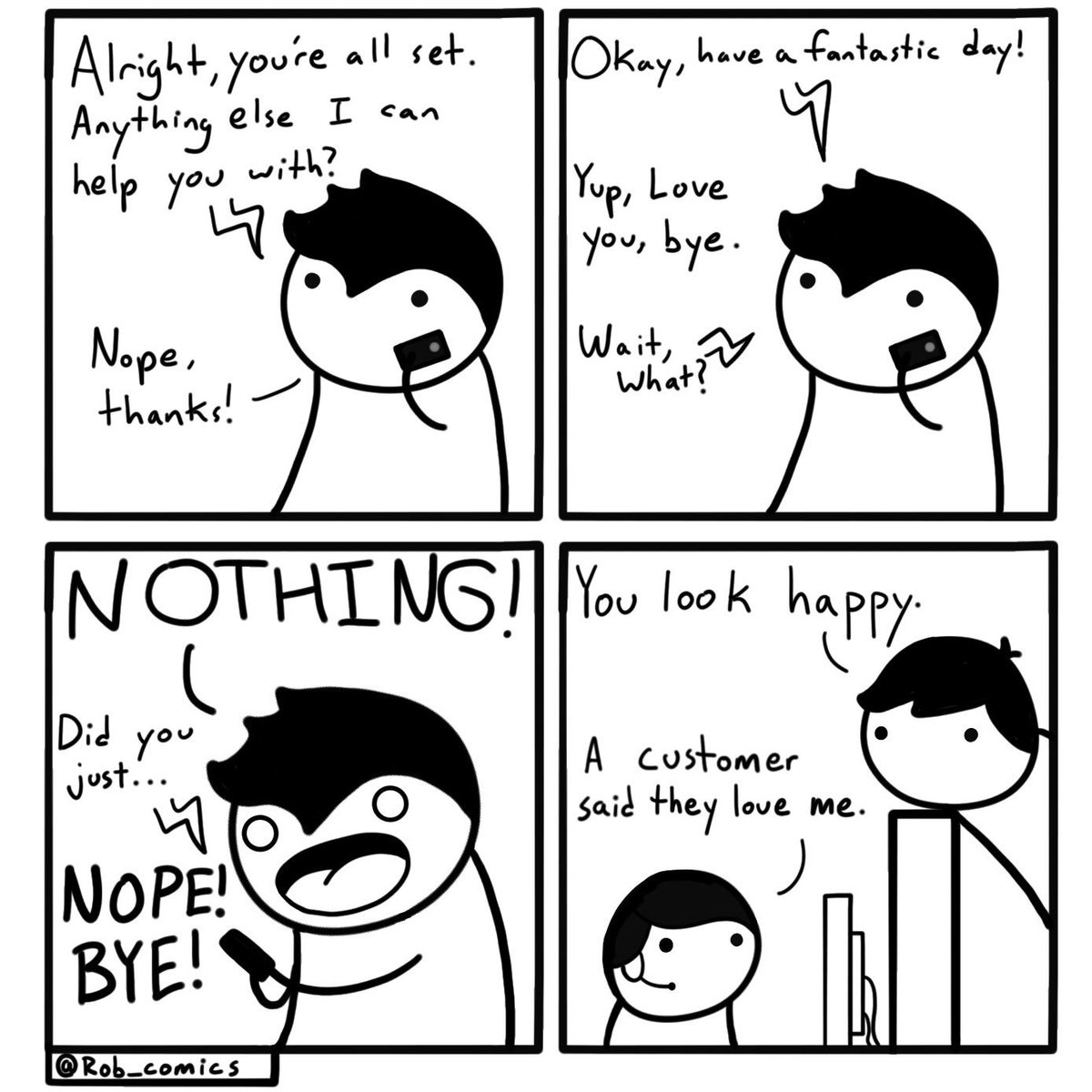 Rob_comics's tweet photo. It’s the little things that make strangers smile.
#love #CustomerService #funny #phone #wednesdaythoughts #Wednesday #WednesdayMorning #WednesdayWisdom #bye #comic #comics #webcomic #WebcomicWednesday #webcomics #robcomics #artist #art https://t.co/wUk3izOSsg