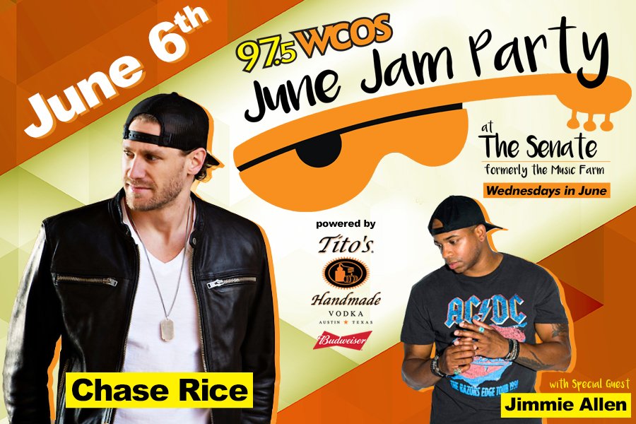 975WCOS's tweet photo. TONIGHT! We kick off the #JuneJamParty series at @TheSenateCola powered by @TitosVodka with @ChaseRiceMusic and special guest @JimmieAllen
*EARLY ARRIVAL SUGGESTED* Don't get left outside, get your tickets in advance at https://t.co/Tro6KEEPgR https://t.co/abAy7JJGsQ