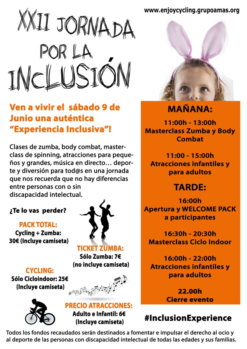 GrupoAMAS's tweet photo. #InclusionExperience El 9 de junio nos vemos en Parque Finca Liana en @AytoMostoles !!! XXII Jornada por la Inclusión con @EnjoyWellnessES  MASTERCLASS SOLIDARIA CON L@S MEJORES ENTRENADOR@S, DATE PRISA, QUEDAN POCAS BICIS!! RESERVA LA TUYA AQUI:https://t.co/7cvWW7YXop https://t.co/9mi6pehGRU