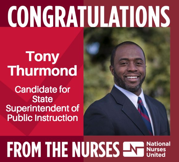 CalNurses's tweet photo. Congratulations @TonyThurmond! Onward to November! #CaPrimary2018 https://t.co/OlgdGDFAXn