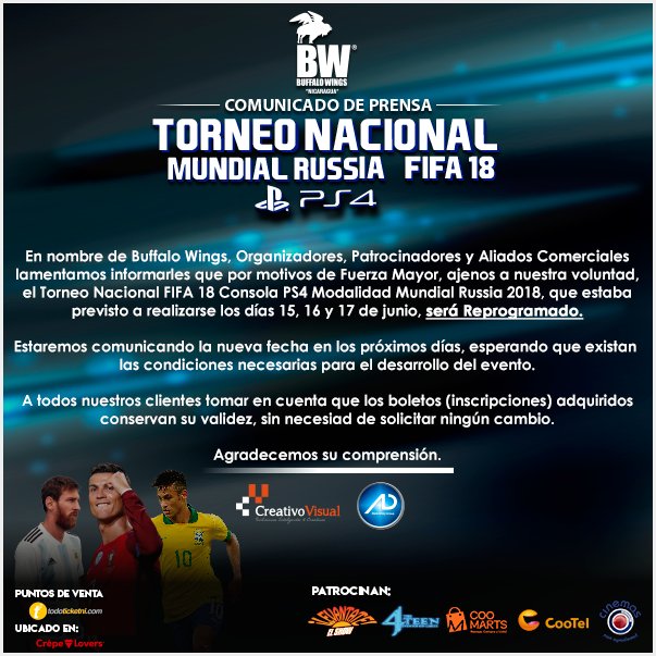 CreatiVisualNic's tweet photo. Comunicado Oficial referente al Torneo Nacional: Mundial Russia - Fifa 2018 - Consola PS4; en los próximos días les estaremos dando la nueva fecha, los precios se mantienen, igual que la venta de los mismos. Esperamos su comprensión #FIFA18 #TorneoNacional #PS4 #Reporto https://t.co/GApilkfDYs