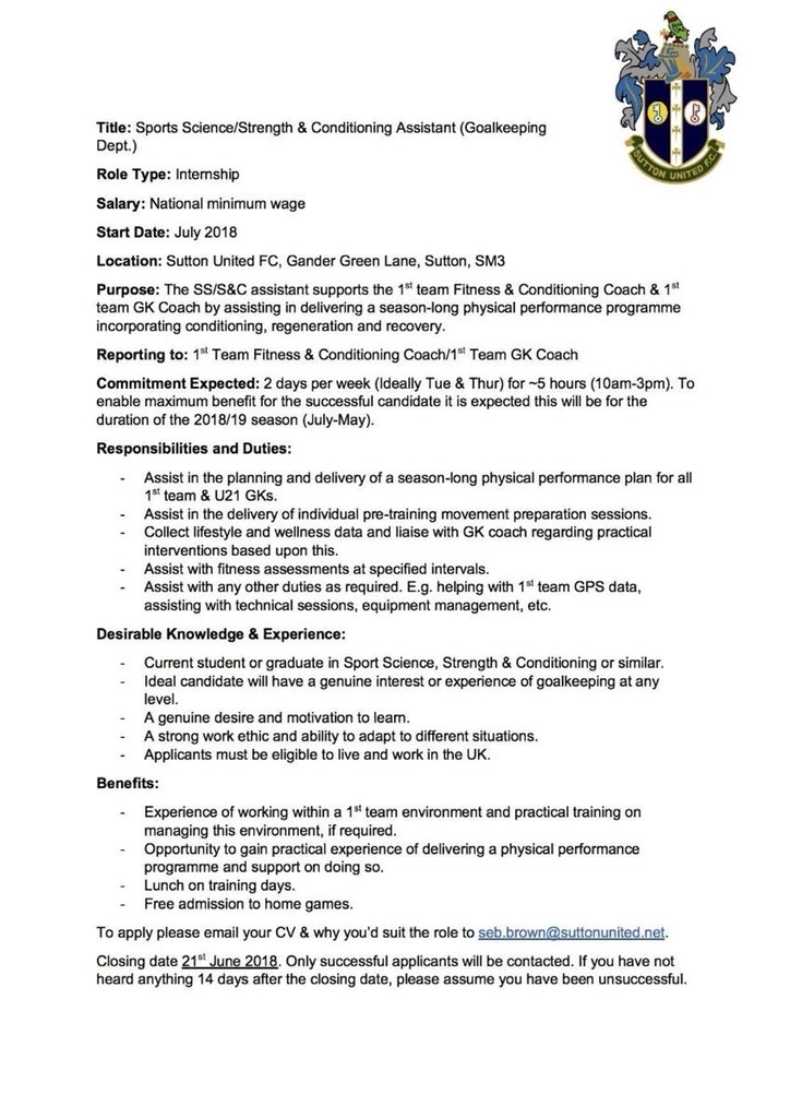 sebbrown1's tweet photo. We are looking for a p/t sports science/S&amp;C assistant to work with the GK dept under our 1st team fitness coach. Best suits a student or grad within commuting distance of Sutton. Details below. More info or to apply: Seb.brown@suttonunited.net https://t.co/g07ExVIrvq