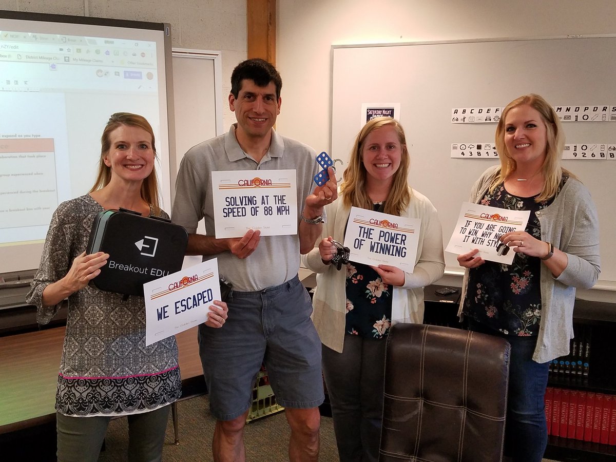 imBrianReed's tweet photo. They all broke out of the #backtothefuture @breakoutEDU box at the Tech Camp: Space Edition! @Miss_Heigel @EHSgifted @MrsTucker_3  #rsdlearns #wearerockwood https://t.co/EwdH0N8kM8