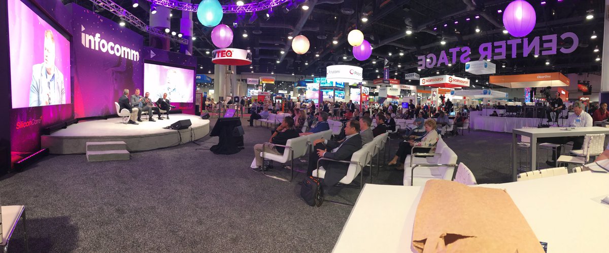 ScanSourceComm's tweet photo. How many @scansource #partners can you see from the #infocomm18 Center Stage? @Polycom @avisplinfo @StarLeafCo @AVTEQ @Cisco #nAVigateScanSource https://t.co/zWRrkvy0p4