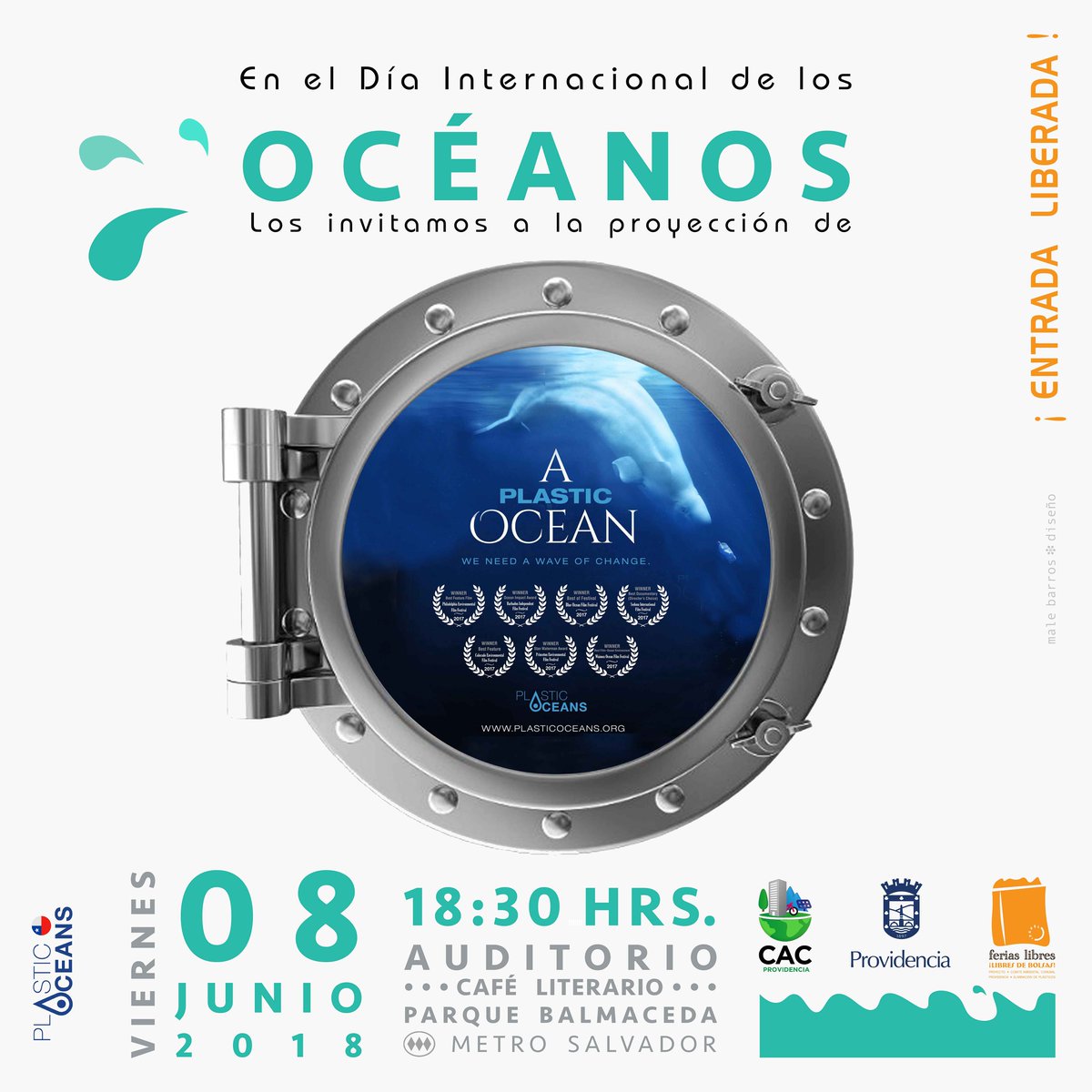 Este 8 de mayo a las 18:30 te invitamos a conmemorar el #DiaInternacionaldelosOceanos 
con el documental A PLastic Ocean, que proyectaremos en el Auditorio del Café Literario del Parque Balmaceda / Metro Salvador! #Gratis Te esperamos junto a @PlasticOceansCL <a href="/Muni_provi/">Muniprovi</a>