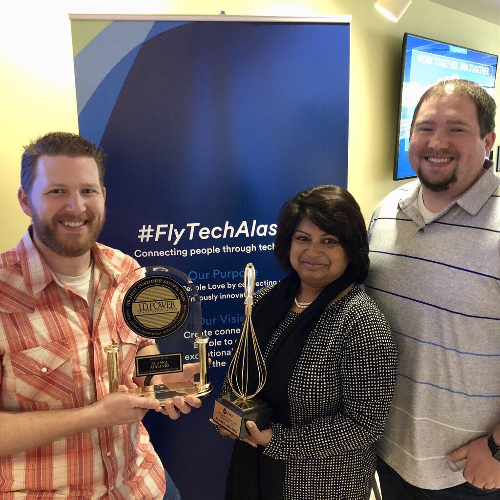 defilan's tweet photo. We had a great all ITS meeting today. @nkbaum talked about our time at #chefconf and we even got to see the newest @JDPower award! Our CIO wanted to get a picture with us and these awards! A great start to the day. #flytechalaska https://t.co/BMvDgLE3jH
