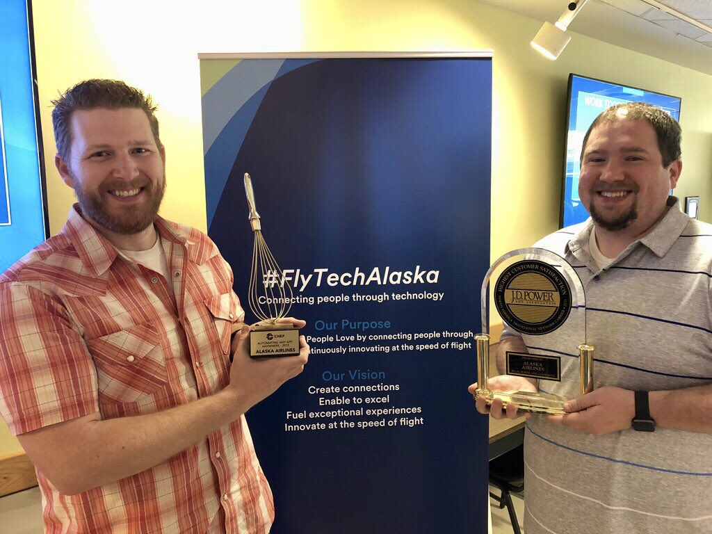 defilan's tweet photo. We had a great all ITS meeting today. @nkbaum talked about our time at #chefconf and we even got to see the newest @JDPower award! Our CIO wanted to get a picture with us and these awards! A great start to the day. #flytechalaska https://t.co/BMvDgLE3jH
