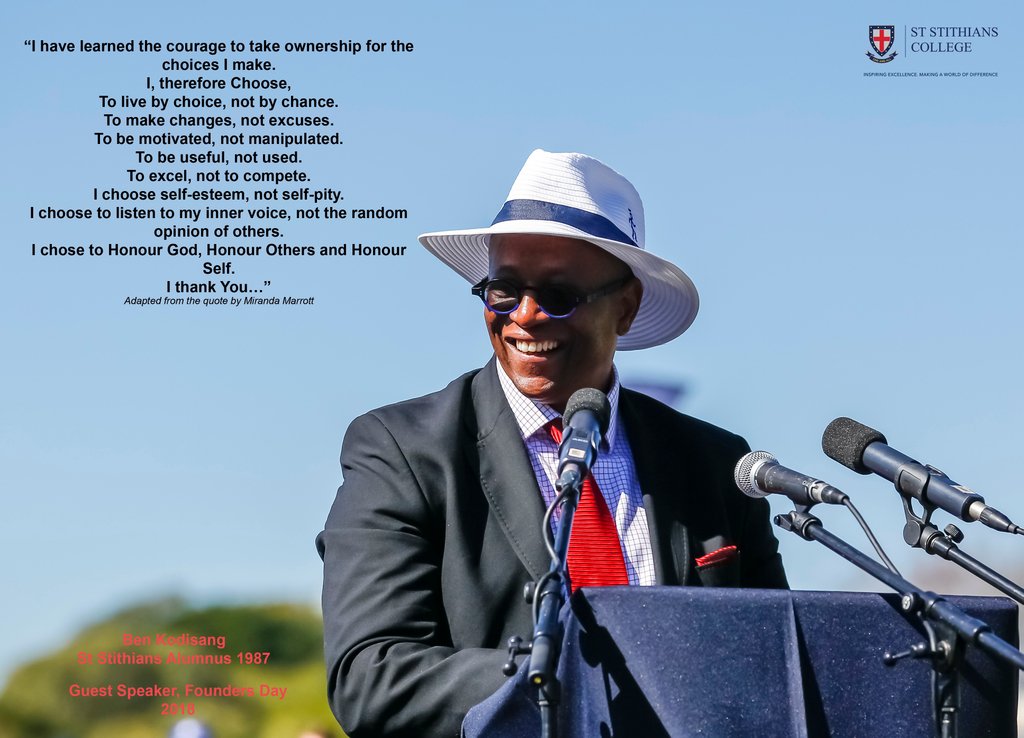 Our Guest Speaker <a href="/ststithians/">St Stithians College</a> Founders' Day 2018, Ben Kodisang (Alumnus 1987) delivered words to live by to One and All.  Thank you for inspiring #SaintsExcellence.