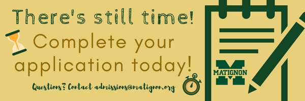 MatignonAdmiss's tweet photo. There's still time to apply to @MatignonHS for the 2018-2019 school year! Visit https://t.co/mE8lK1cBvz to submit your application today! #expectexcellence #applytomatignon https://t.co/RXv0x1RjJ5