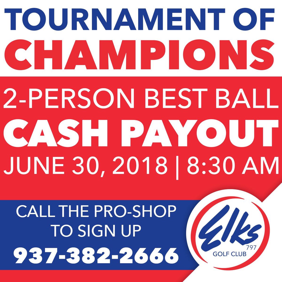 🏆TOURNAMENT OF CHAMPIONS🏆

🏌️‍♂️ 2-man best-ball
💰 Cash Payout (based on # of teams)
📱 Call the pro shop to sign up!

RT! #Elks797GC #ohio #golf