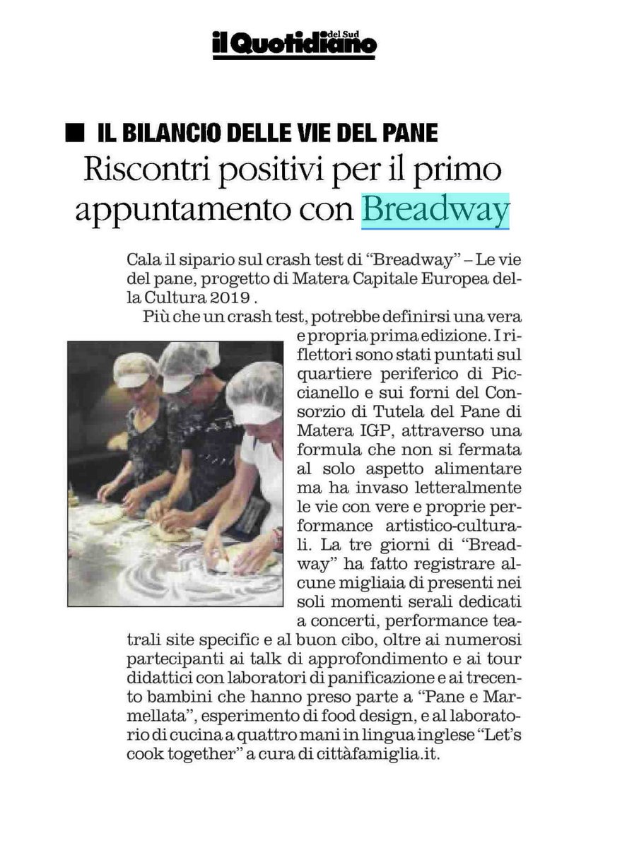 breadwaymatera's tweet photo. Il bilancio delle vie del pane secondo il @quotidianoweb! 
@Matera2019 @Murgiamadre @Basilicata_Tur #matera2019 #matera #openfuture #comatera2019 #food #bread #art #design https://t.co/7GWS5S46jt