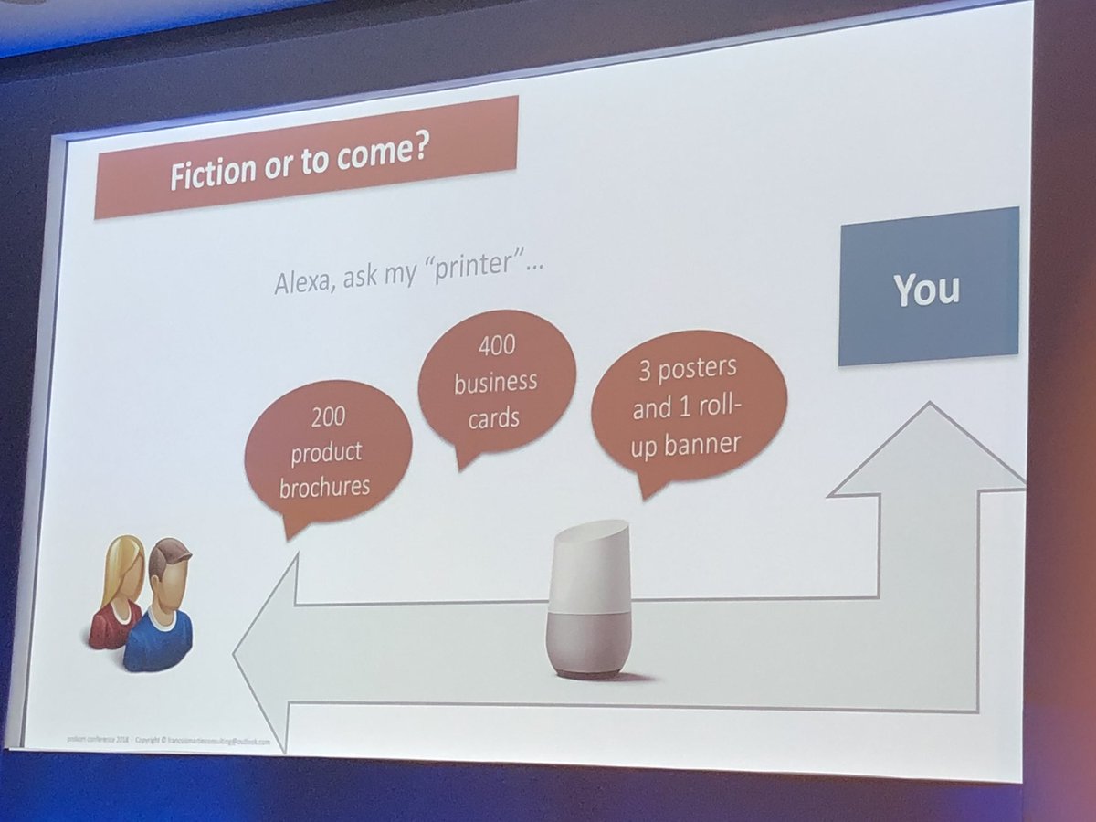 BernhardNiemela's tweet photo. Fiction or to come? Printbuying by #Alexa 👍👎 asks @FrancoisPrint in his keynote at #prokomconference2018 #print @KonicaMinoltaAT https://t.co/ljNaBZRfBl