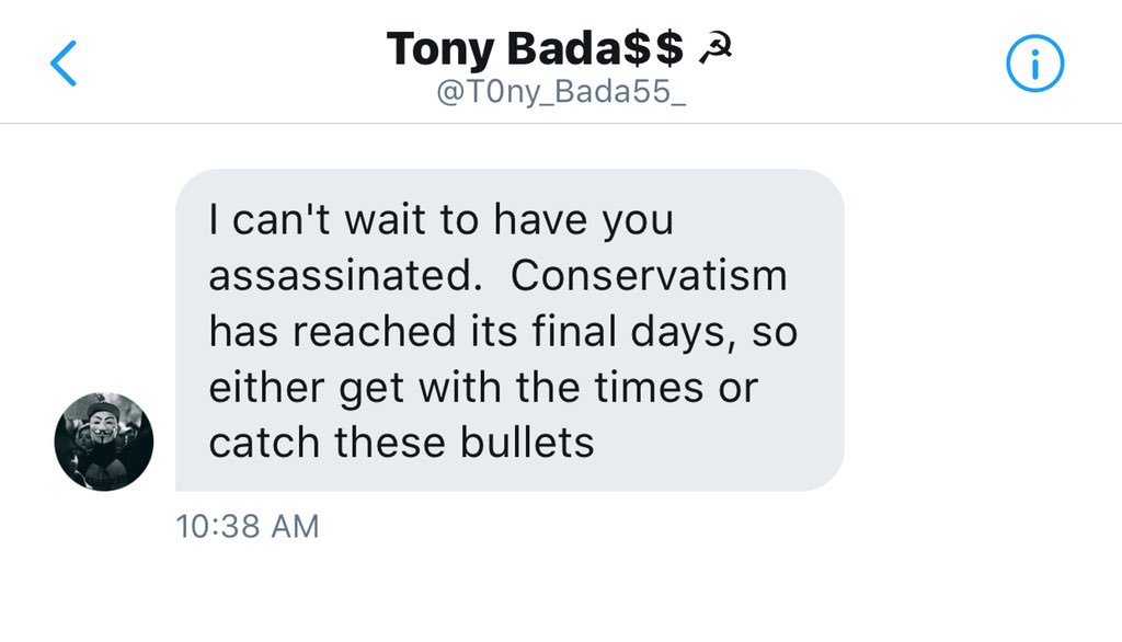 LauraLoomer's tweet photo. An actual message I received today. 

I’d report it to @TwitterSupport. But, who am I kidding? They couldn’t care less about death threats made against conservatives. https://t.co/87DOsXsPhN