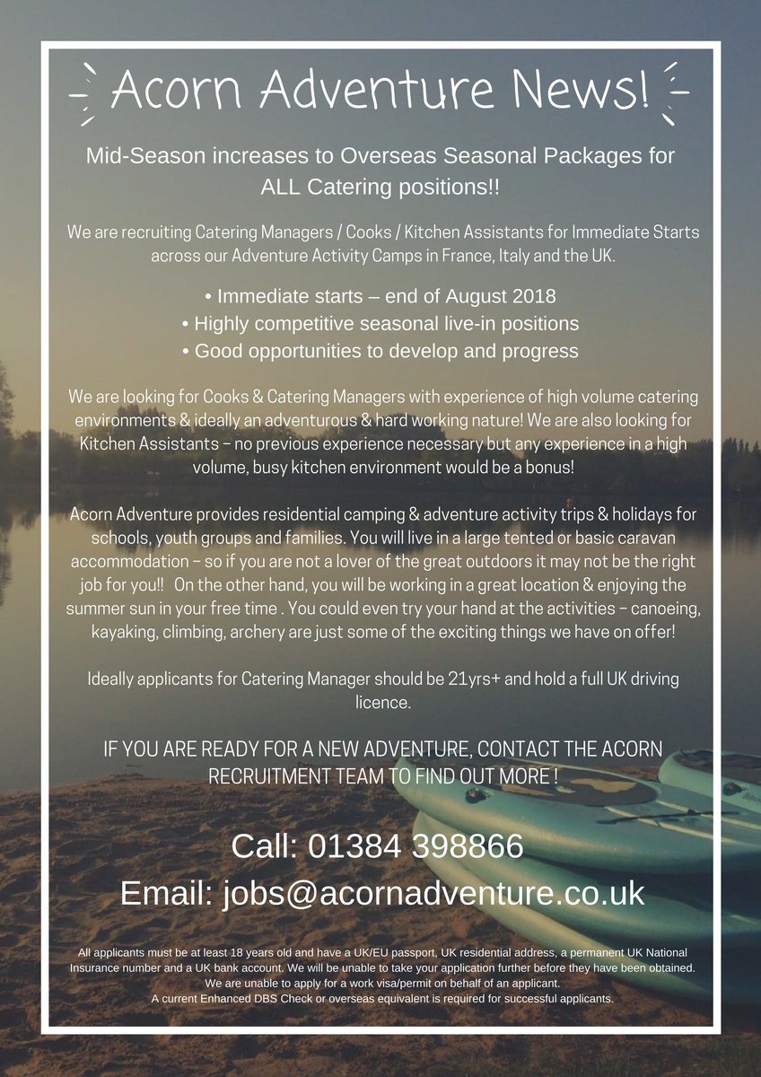 Acorn_Recruit's tweet photo. Mid-Season increases to Overseas Seasonal Packages for ALL Catering positions!!
We are recruiting Catering Managers/Cooks/Kitchen Assistants for Immediate Starts.

CONTACT THE ACORN RECRUITMENT TEAM TODAY TO FIND OUT MORE!
Call: 01384 398866
Email: jobs@acornadventure.co.uk https://t.co/pEFw6ybwBM