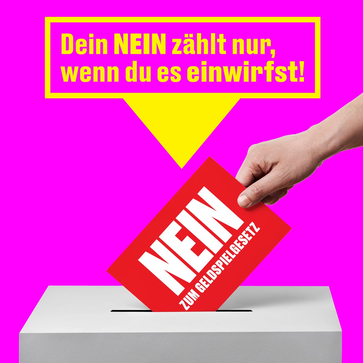 Jede Stimme zählt! Wir dürfen nicht zulassen, dass andere über unsere Zukunft entscheiden. Beim Thema Internetzensur ist es wichtig, dass wir die Entscheidung selbst in die Hand nehmen. Unbedingt NEIN zum #Geldspielgesetz stimmen, alle! #GSGnein